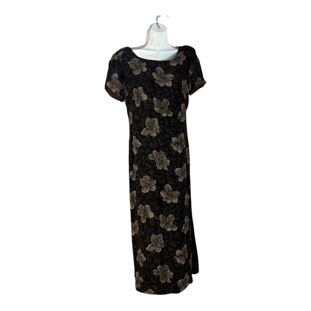 Chelsea & Camell Black‎ Floral Maxi Dress Silk Blend Short Sleeve Scoop Neck
